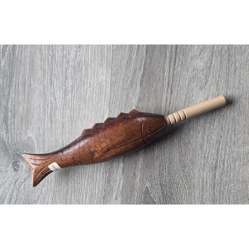 Hand Carved Vintage Wooden Fish Percussion Instrument with Stick Vietnam